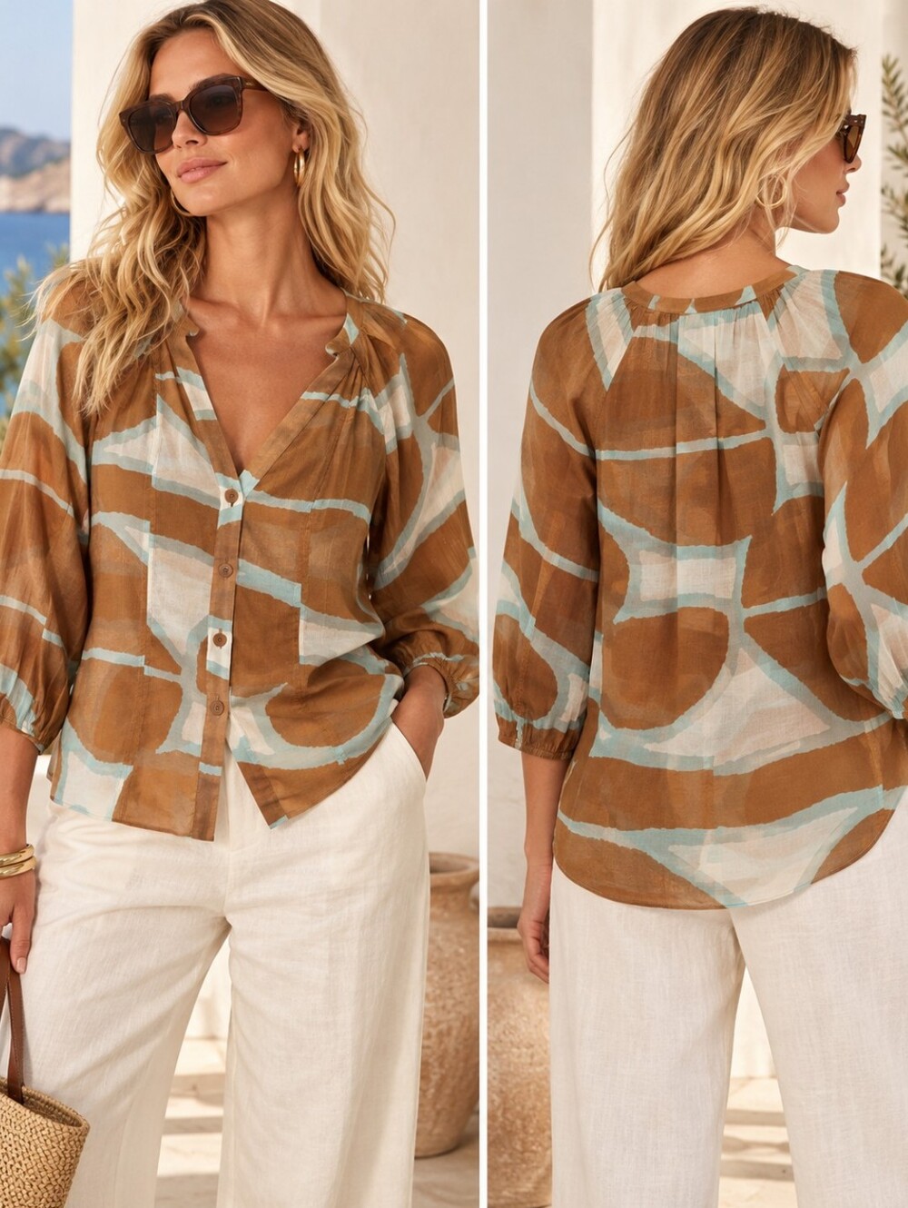 EUC DIANE VON FURSTENBERG DVF TRAPANI SILK COTTON ABSTRACT BLOUSE TOP SZ 4